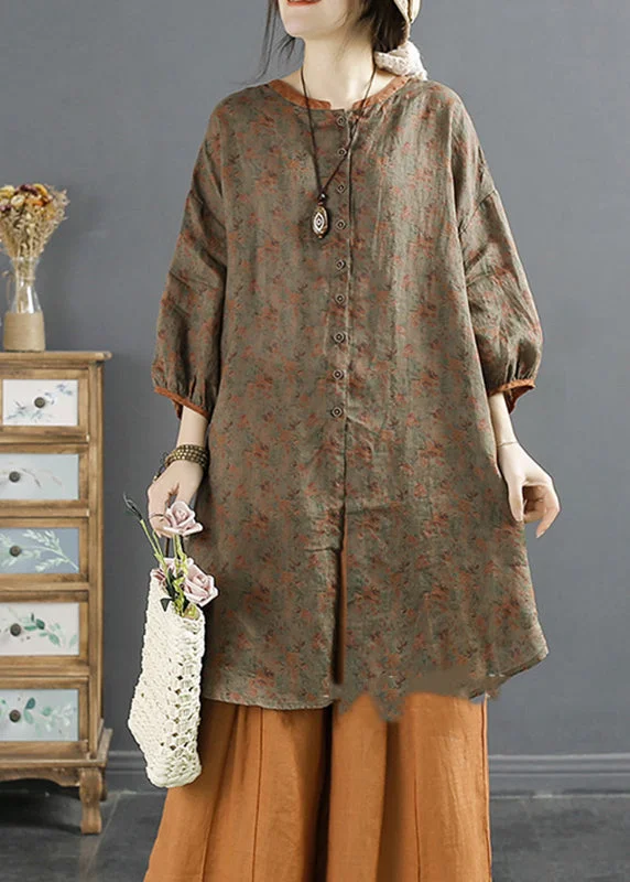 Personalized Wear Vintage Coffee O-Neck Print Button Ramie Top Long Sleeve