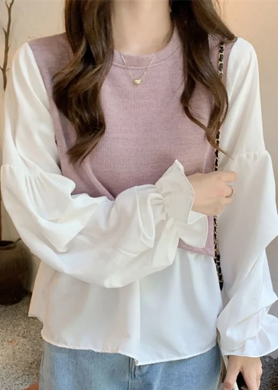 Classic And Versatile Light Purple Patchwork Cotton Fake Two Piece Shirt Lantern Sleeve