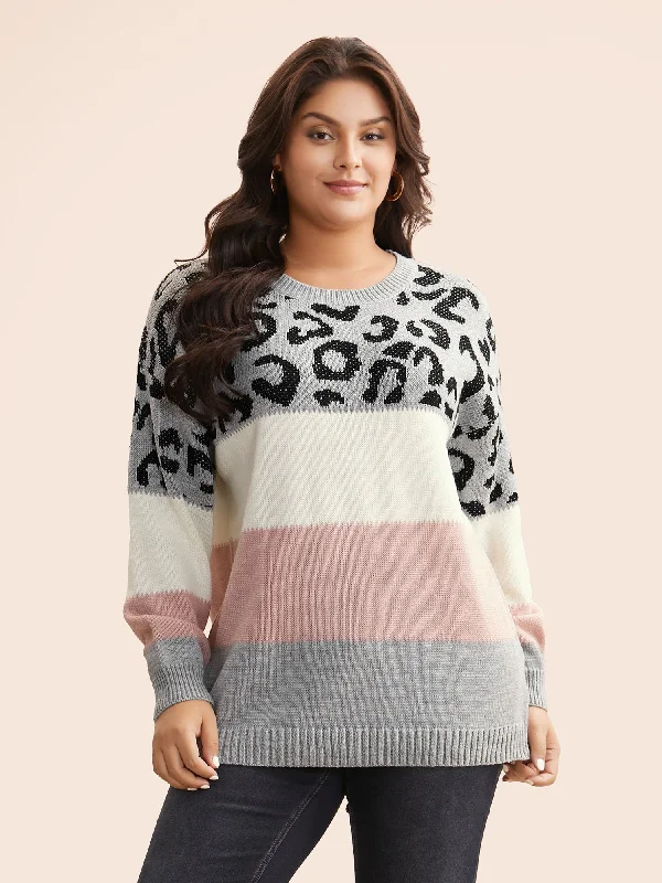 Casual And Comfortable Leopard Print Contrast Patchwork Pullover
