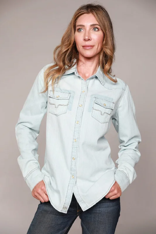 Classic Color Kimes Ranch Womens Kaycee Top Destroy Denim Cotton Blend L/S Shirt