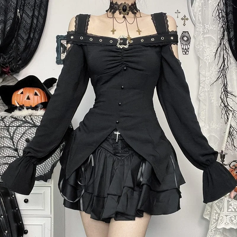 Luxury Style Women's Gothic Buckle-up Lace Long Sleeved Shirt