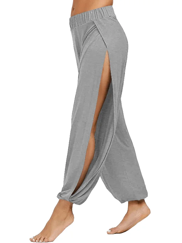 Fashionable Prints Women Side Split Elastic Waist Loose Solid Color Yoga Sports Casual Pants