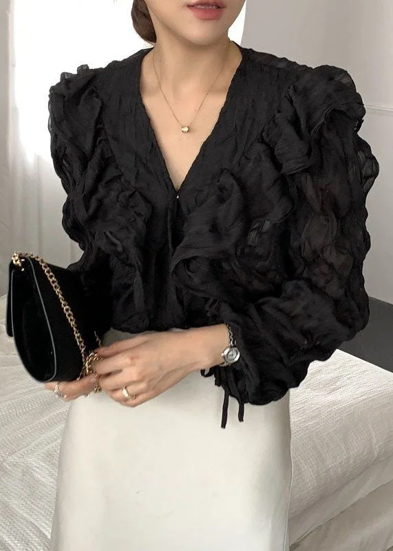 Age-reducing Style Black Patchwork Chiffon Shirts Tops Ruffled V Neck Spring