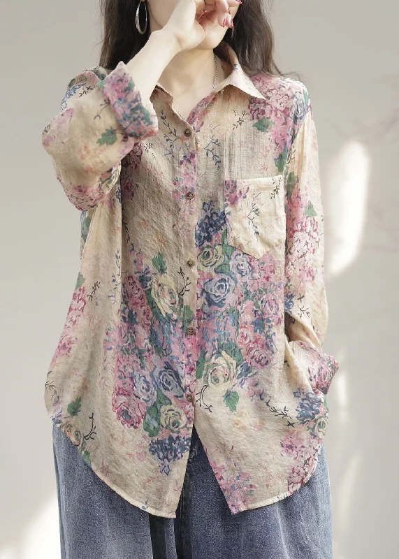 Exquisite Design Modern Pink Peter Pan Collar Print Patchwork Linen Shirts Long Sleeve Exquisite Design Modern Pink Peter Pan Collar Print Patchwork Linen Shirts Long Sleeve
