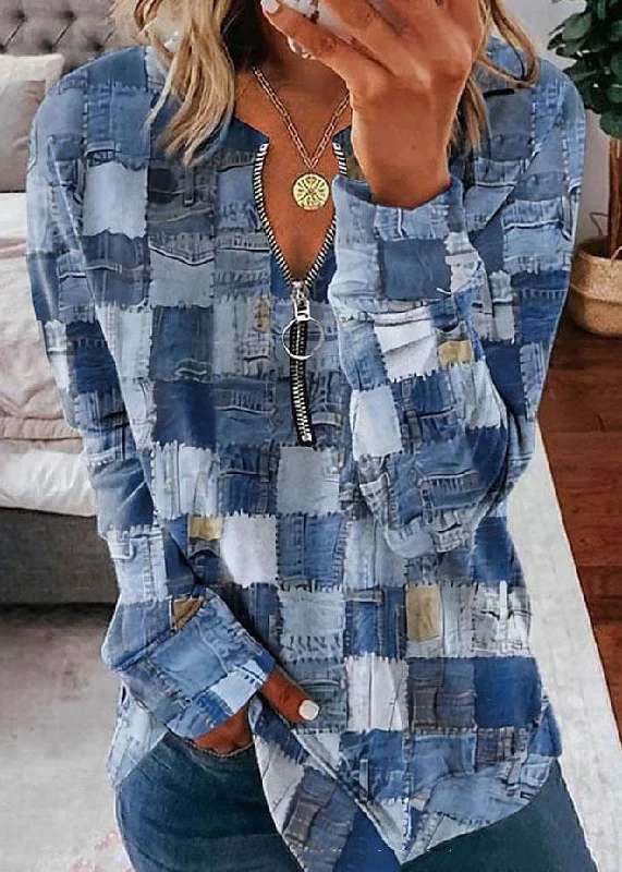 Fashionable Inner Wear Casual Blue Zip Up Print Patchwork Cotton Blouses Long Sleeve Fashionable Inner Wear Casual Blue Zip Up Print Patchwork Cotton Blouses Long Sleeve