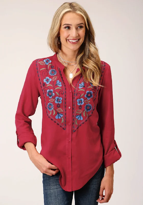 Youthful Vitality Roper Womens Raspberry Challis Red Rayon/Nylon L/S Blouse