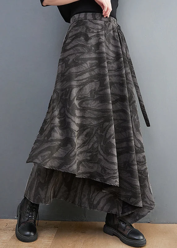 Trendy And Casual Handmade Black elastic waist tie waist Asymmetrical Print Skirt Spring