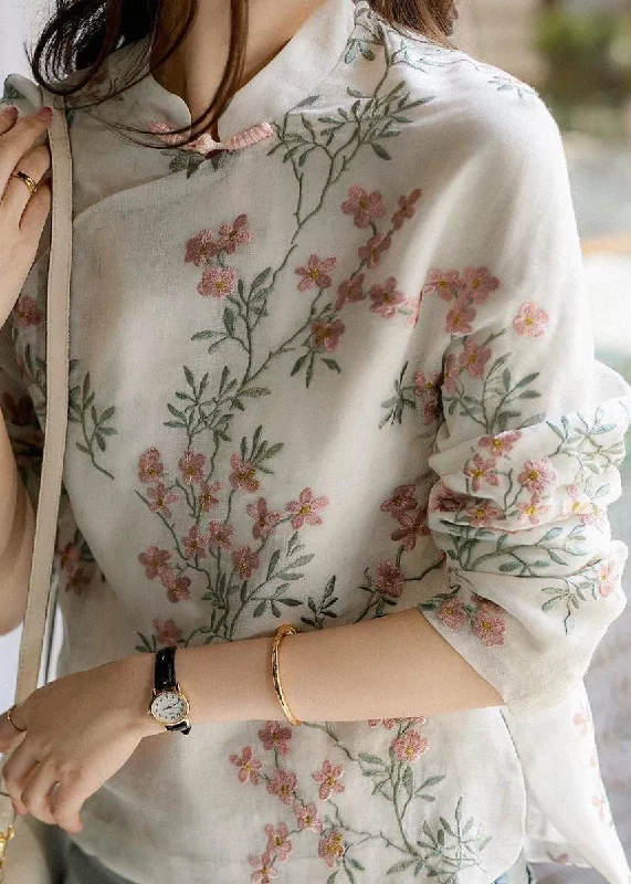 Embroidered Letters Unique Beige Print Linen Blouses Spring