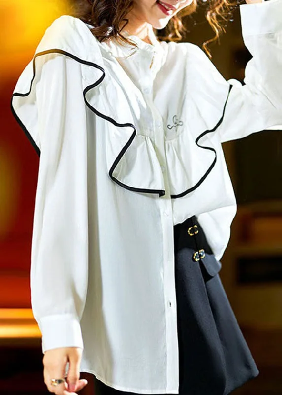 Classic Color Chic White Ruffled Button Patchwork Cotton Top Long Sleeve