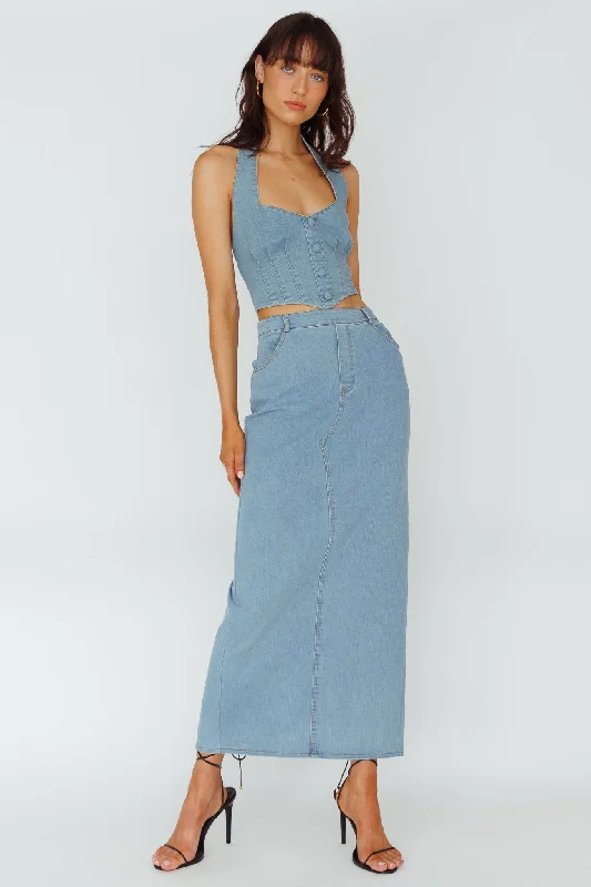 Retro Fashion Zurich Pocket Maxi Skirt Denim Blue