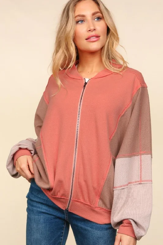 Spring Fashion Haptics Zip Up Color Block Bomber Jacket with Side Pockets