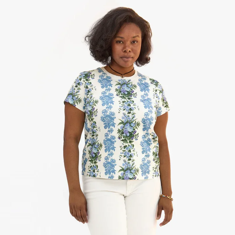 High Street Design Floral Stripe Classic Tee (Blue + Cream)