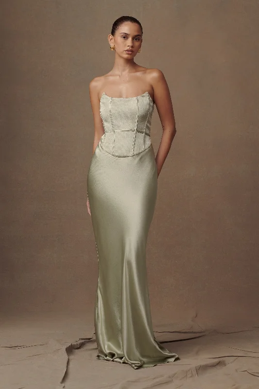 Comfortable Mind Harlow Satin Strapless Maxi Dress - Sage