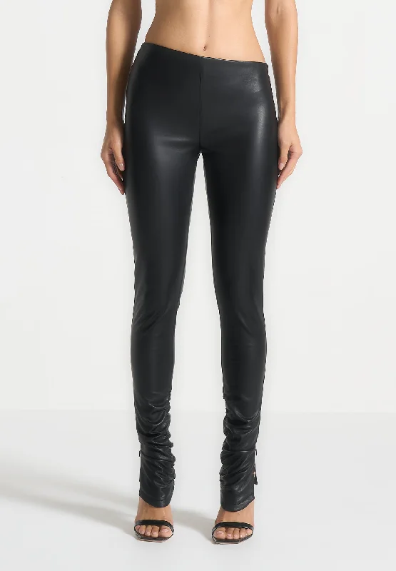 Personalized Design Leather Angled Waistband Leggings - Black