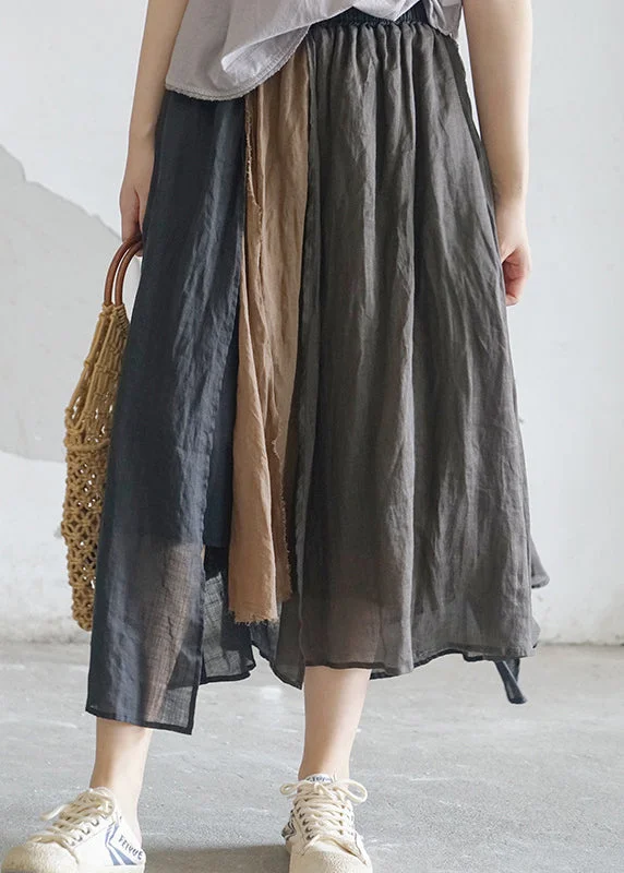 Personalized Design Chocolate pocket Patchwork Linen Skirt elastic waist Spring