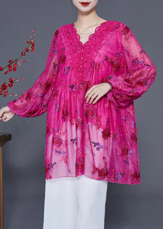 Exclusive Customization Women Rose Embroideried Patchwork Lace Tops Lantern Sleeve