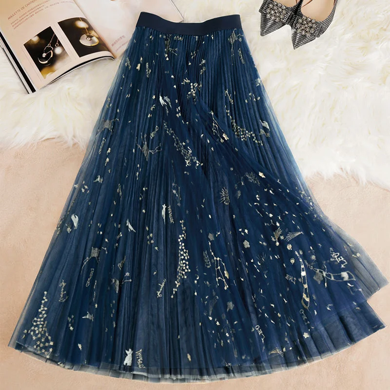 Romantic Data Beautiful Blue Print tulle Pleated  Skirts Summer