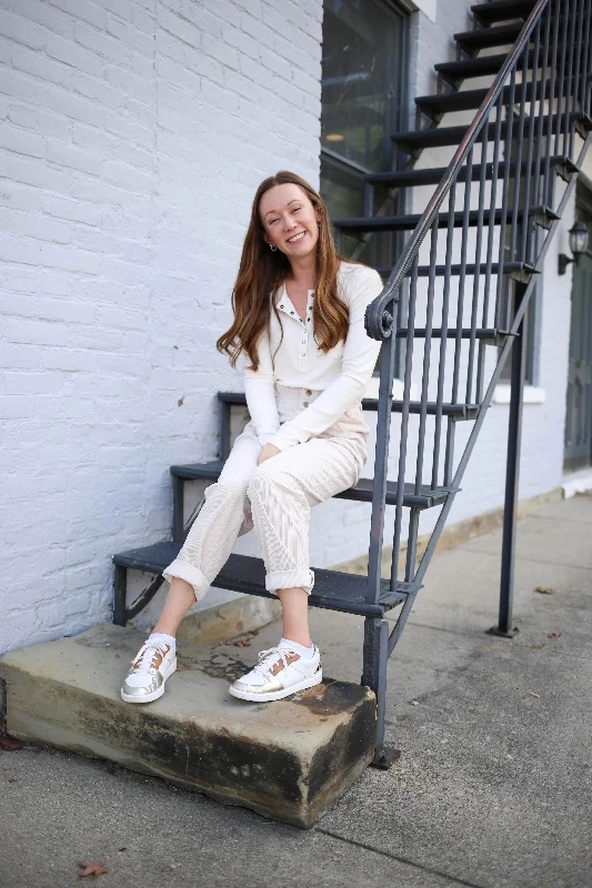 Classic Color Off White Ribbed Long Sleeve Henley | Boutique Elise | Riana