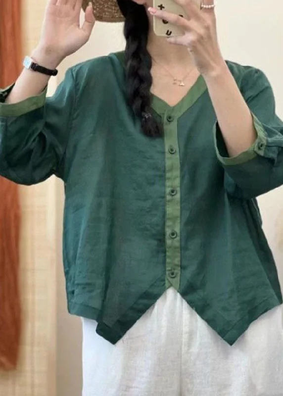 High-end Customization Casual Green V Neck Asymmetrical Patchwork Linen Shirt Summer High-end Customization Casual Green V Neck Asymmetrical Patchwork Linen Shirt Summer