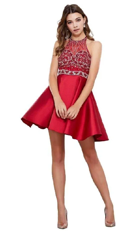 Elegant Design Nox Anabel - Embellished Illusion Halter Satin Short Dress 6262 - 1 pc Burgundy In Size S Available Elegant Design Nox Anabel - Embellished Illusion Halter Satin Short Dress 6262 - 1 pc Burgundy In Size S Available