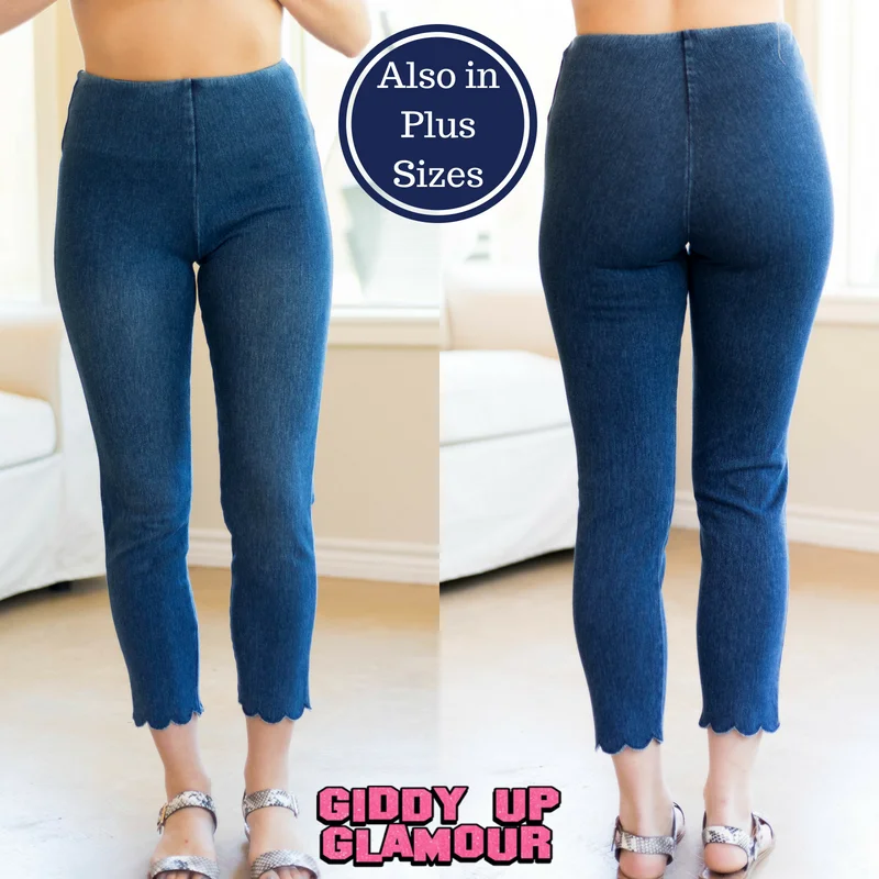 Comfortable And Cold-proof Lysse Denim Scallop Edge Capri Leggings in Medium Wash