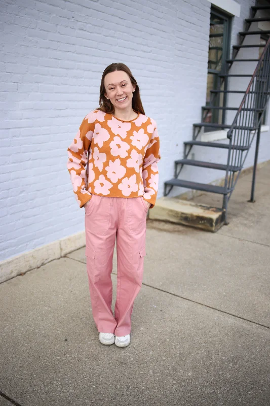 Soft And Comfortable Camel and Pink Floral Print Sweater | Boutique Elise | Penny