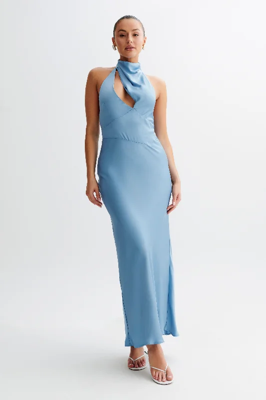 Autumn Selection Belladonna Satin Halter Maxi Dress - Iris Blue