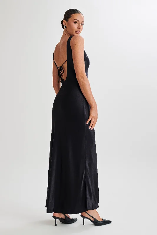 Elegant Design Annalise Satin Maxi Dress With Tie - Black