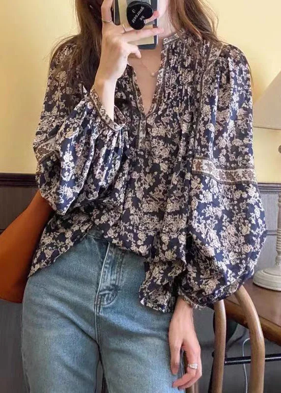 High Street Style Bohemian Navy V Neck Print Chiffon Shirt Top Lantern Sleeve