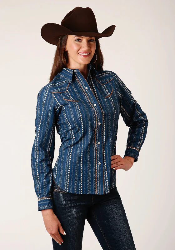 Modern City Roper Womens Floral Wallpaper Navy/Khaki Cotton Blend L/S Shirt