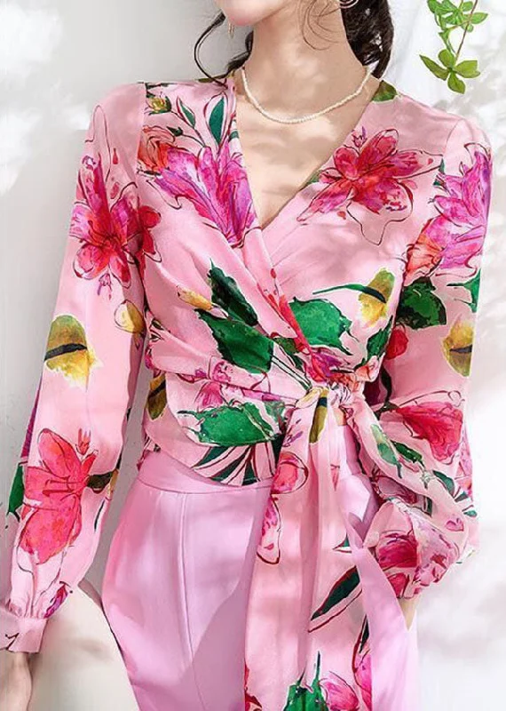 Breathable Design Bohemian Pink V Neck Print Lace Up Patchwork Chiffon Tops Spring