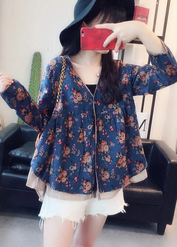 Versatile Items Art Blue V Neck Print Wrinkled Patchwork Cotton Shirt Tops Spring
