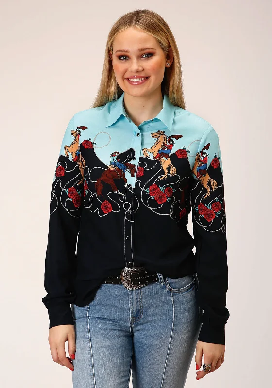Spring Fashion Roper Womens Cowgirl Border Black 100% Rayon L/S Shirt