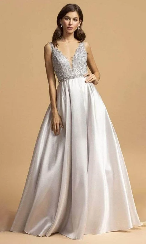 Youthful Vitality Aspeed Design - Appliqued V-Neck A-Line Prom Dress L2168