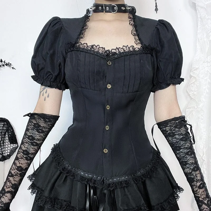 Comfortable And Casual Women's Gothic Puff Sleeved Lace Hem Shirt