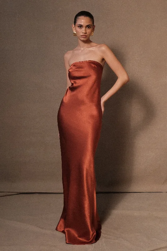 Feminine Charm Claudette Strapless Satin Maxi Dress - Burnt Orange
