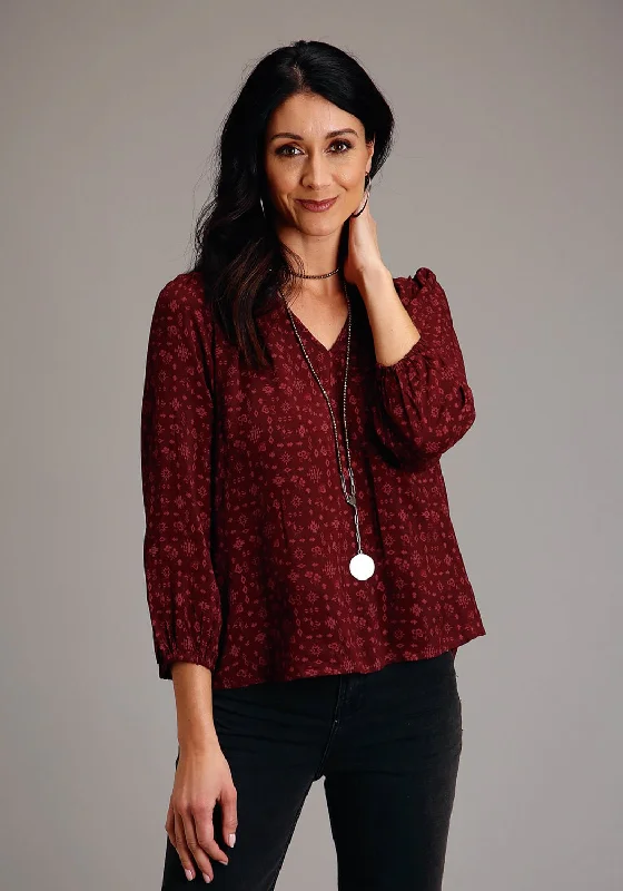 Comfortable Mind Stetson Womens Western Ditzy Wine Rayon/Nylon L/S Tunic