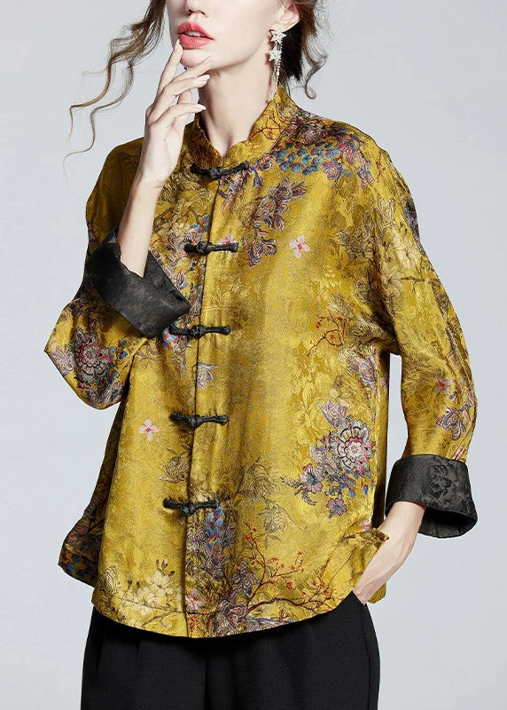 Celebrity Picks Chinese Style Golden Brown Stand Collar Button Print Silk Coats Long Sleeve Celebrity Picks Chinese Style Golden Brown Stand Collar Button Print Silk Coats Long Sleeve