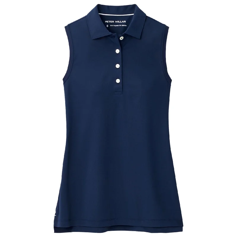 Stretch Design Womens Banded Sport Mesh Sleeveless Button Polo Navy - 2025