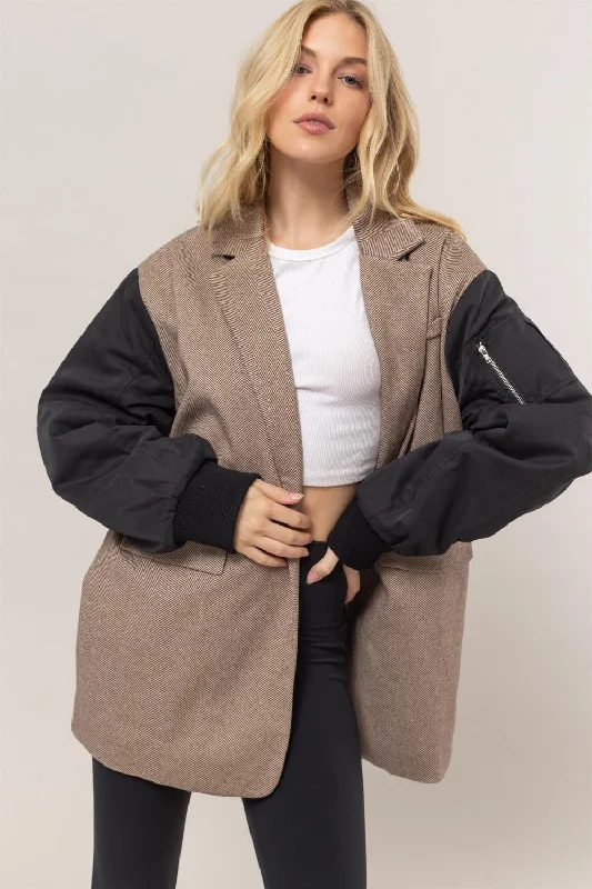 Fashionable And Versatile HYFVE Herringbone Mixed Media Contrast Long Sleeve Blazer