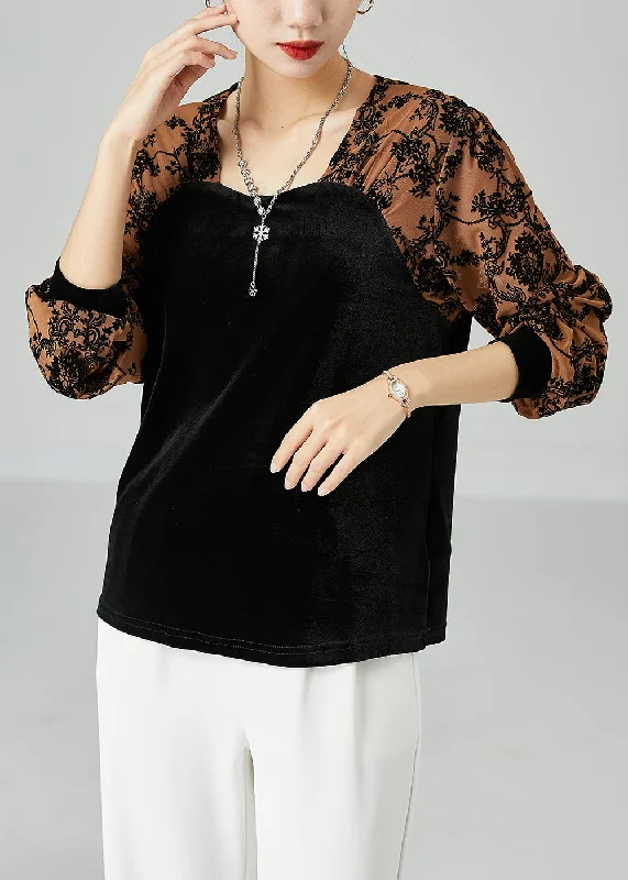 Exquisite Embroidery Fashion Black Square Collar Patchwork Jacquard Silk Velour Shirt Top Spring Exquisite Embroidery Fashion Black Square Collar Patchwork Jacquard Silk Velour Shirt Top Spring