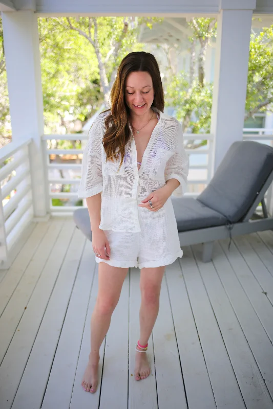 Exquisite Embroidery Off White Open Knit Short Sleeve Top | Boutique Elise | Chandler