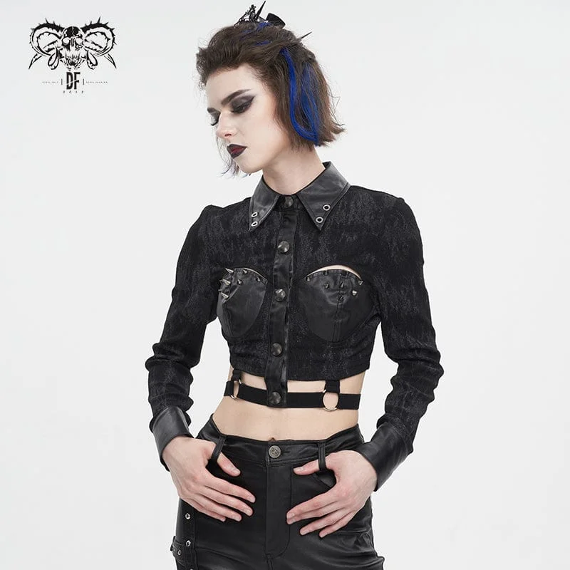 Personalized Outfit Women's Punk Turn-down Collar Cutout Studded Shirt