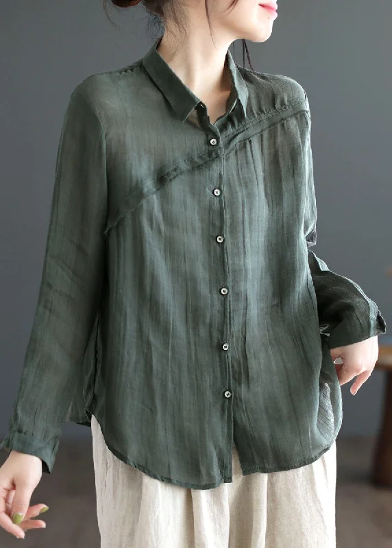Tropical Style Casual Green Peter Pan Collar Patchwork Linen Blouses Long Sleeve