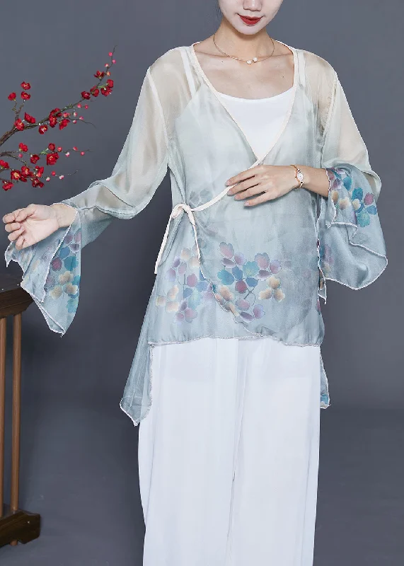 End Of The Year Art Grey Blue Print Lace Up Chiffon UPF 50+ Top Flare Sleeve