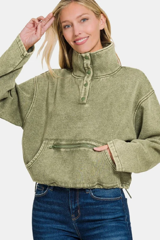 French Style Zenana Acid Wash Fleece Half Snap Sweatshirt with Pocket