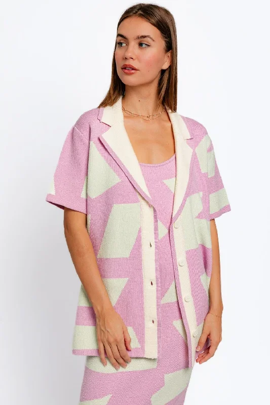 Must-have For Fashion Le Lis Abstract Contrast Short Sleeve Collared Cardigan