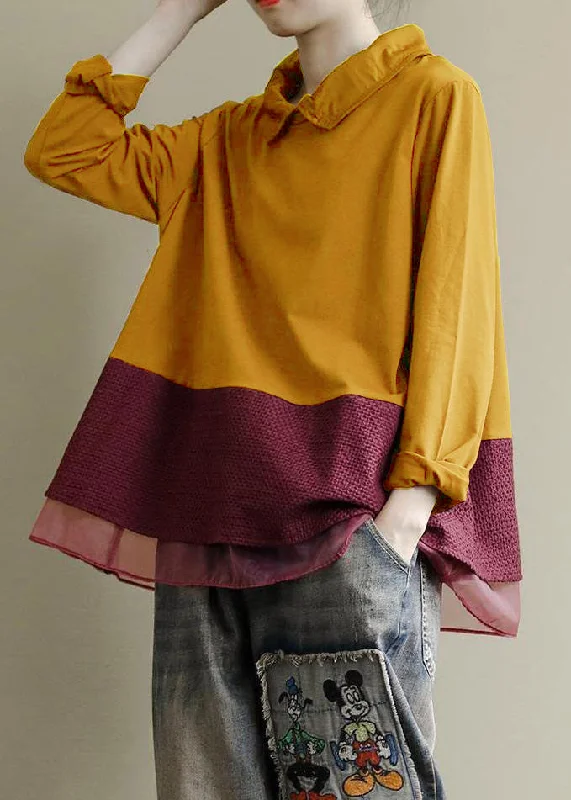 Creative Prints Plus Size Yellow Tops Lapel Patchwork Clothes Pattern