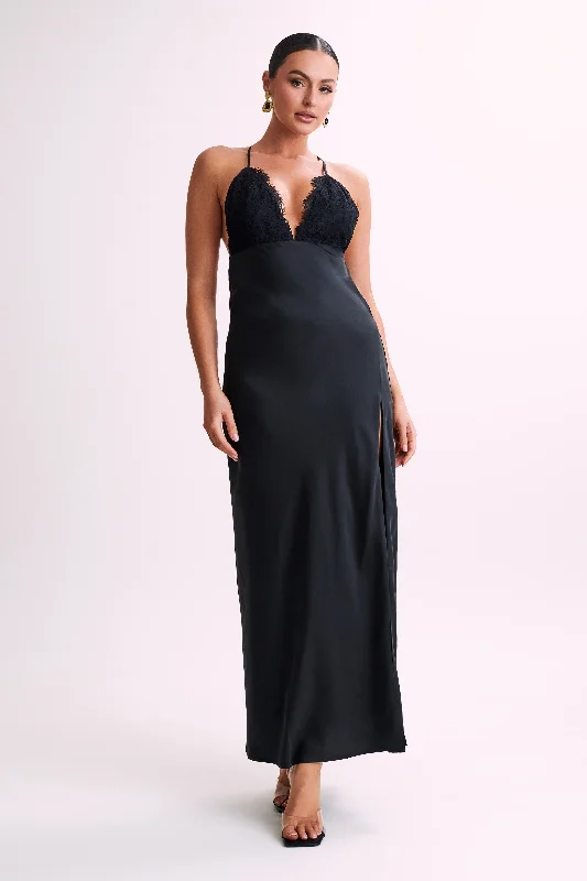 Fresh And Fashionable Gina Satin Slip Maxi Dress With Lace - Black