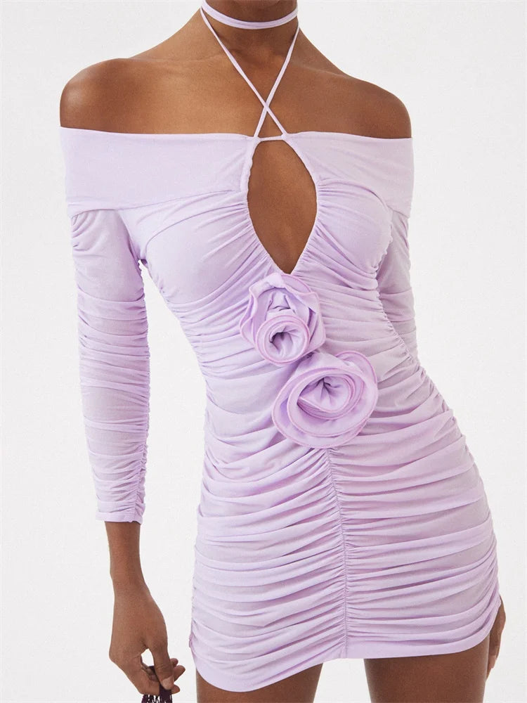 High-end Customization Off Shoulder Long Sleeve Tie-Up Mini Dresses